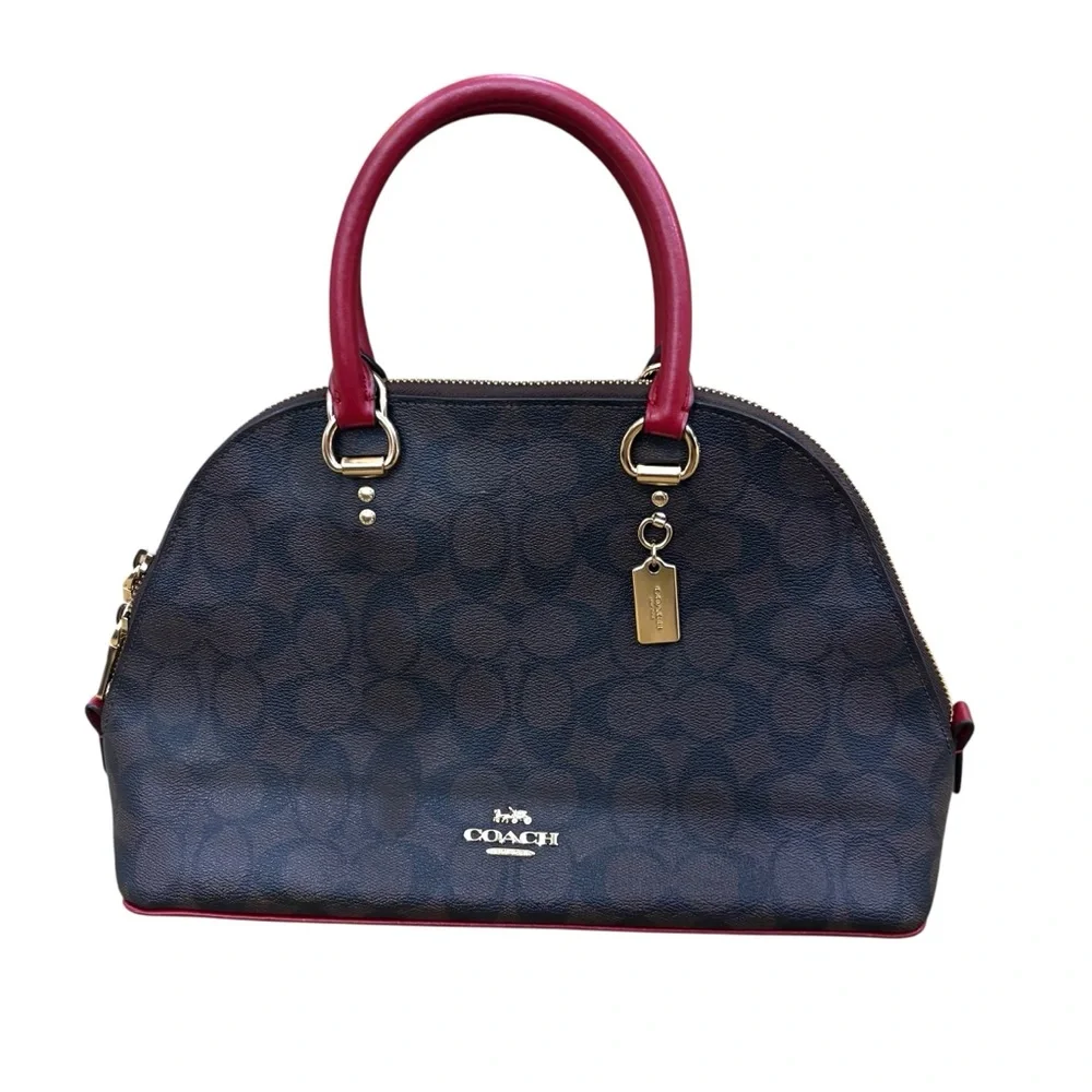 COACH Brown Signature Dome Satchel with Red Handles - Picture 9 of 12